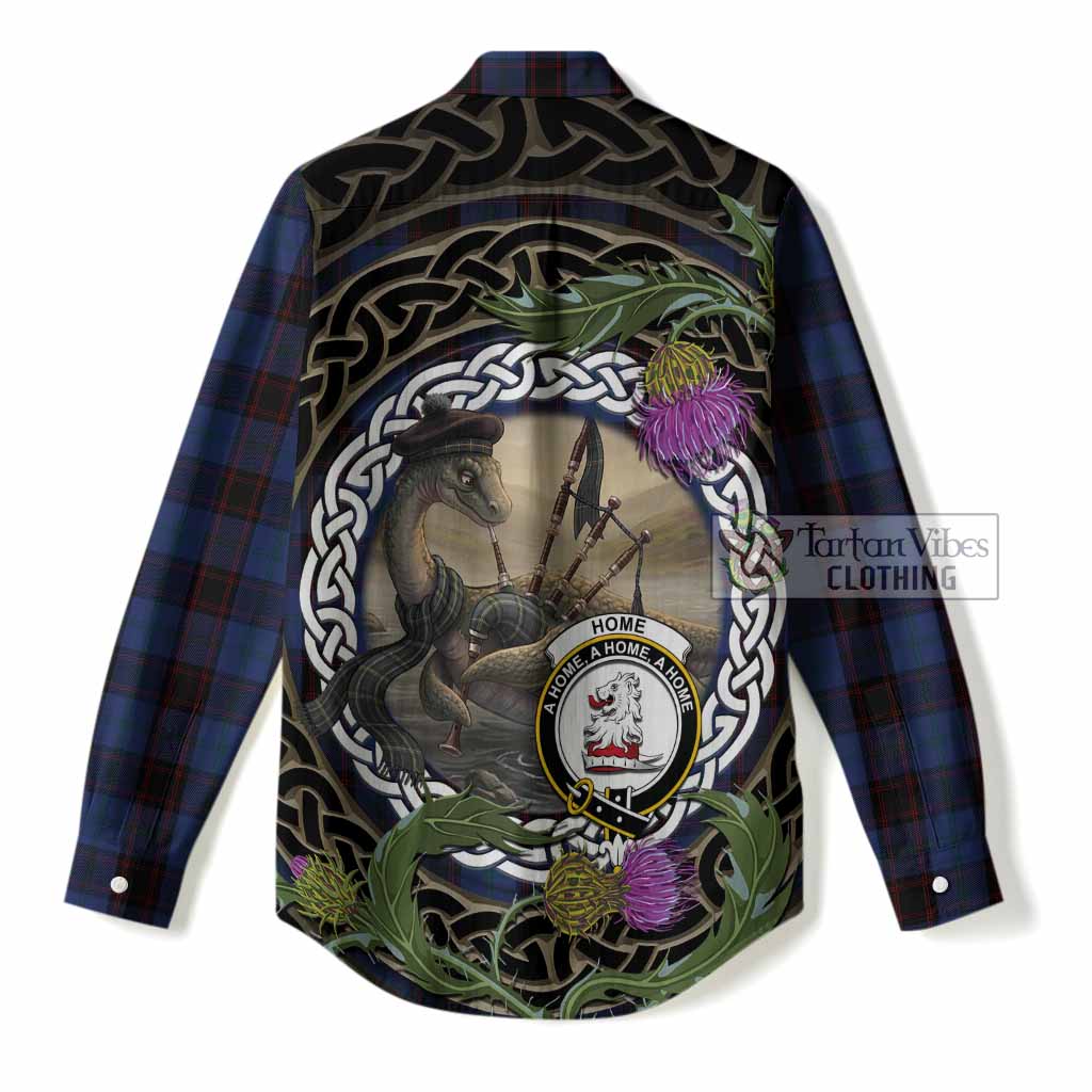 Home (Hume) Tartan Crest Bagpipe Nessie Women Casual Shirt Scottish Loch Ness Monster Celtic Thistle