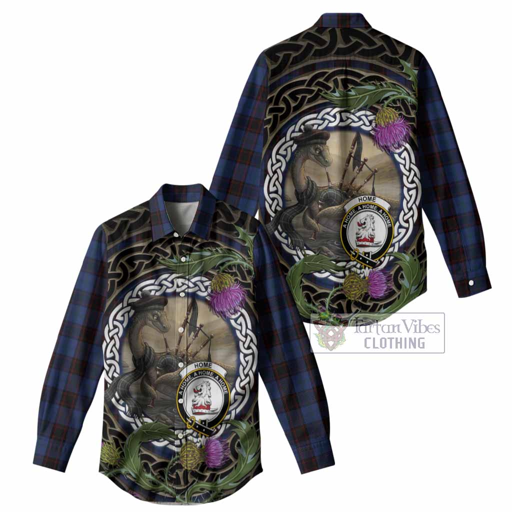 Home (Hume) Tartan Crest Bagpipe Nessie Women Casual Shirt Scottish Loch Ness Monster Celtic Thistle