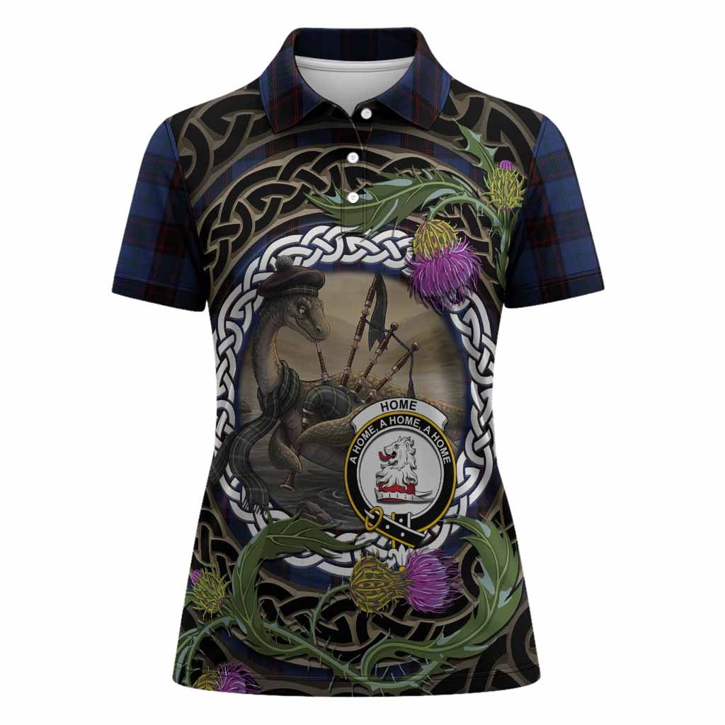 Home (Hume) Tartan Crest Bagpipe Nessie Women Polo Shirt Scottish Loch Ness Monster Celtic Thistle
