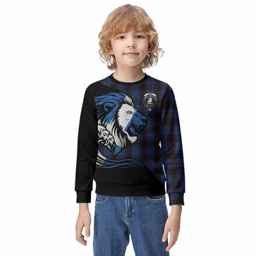 Home (Hume) Tartan Crest Kid Knitted Sweatshirt Scottish Golden Lions Wave Flow