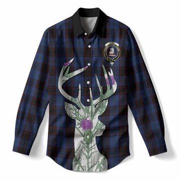 Home (Hume) Tartan Crest Women Casual Shirt Scottish Stag Thistle Floral Art