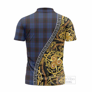 Home (Hume) Tartan Crest Zipper Polo Shirt Celtic Knot and Triple Trickle Spiral Symbols