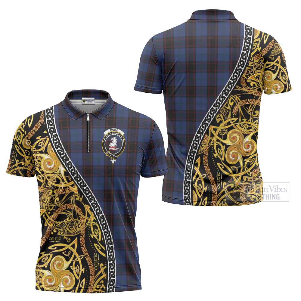 Home (Hume) Tartan Crest Zipper Polo Shirt Celtic Knot and Triple Trickle Spiral Symbols