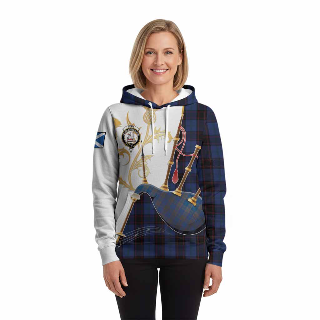 Home (Hume) Tartan Family Crest Hoodie Bagpipes with Scottish Thistle