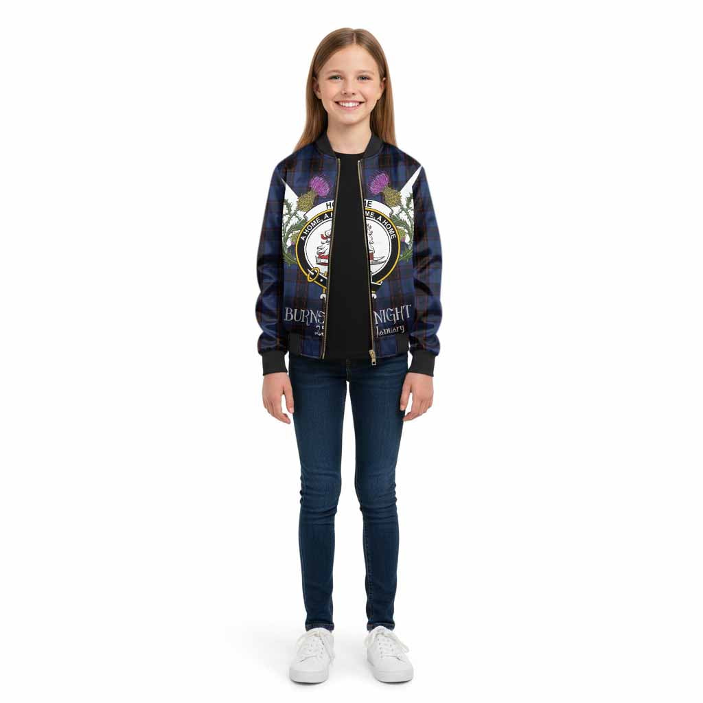 Home (Hume) Tartan Family Crest Kid Bomber Jacket Scottish Burns Night Thistle Floral