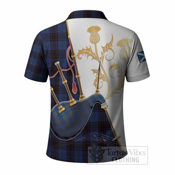 Home (Hume) Tartan Family Crest Polo Shirt Bagpipes with Scottish Thistle