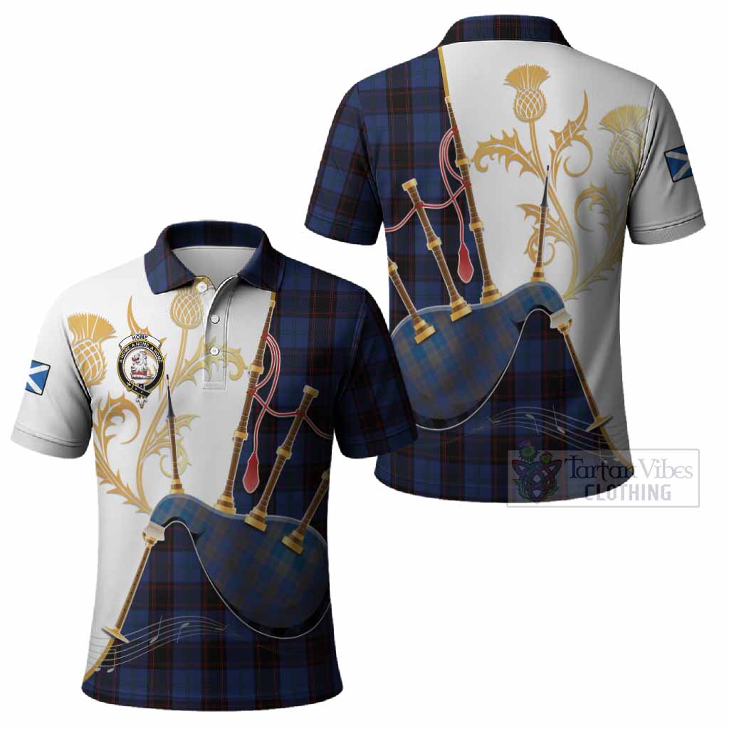 Home (Hume) Tartan Family Crest Polo Shirt Bagpipes with Scottish Thistle