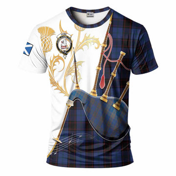 Home (Hume) Tartan Family Crest T-Shirt Bagpipes with Scottish Thistle