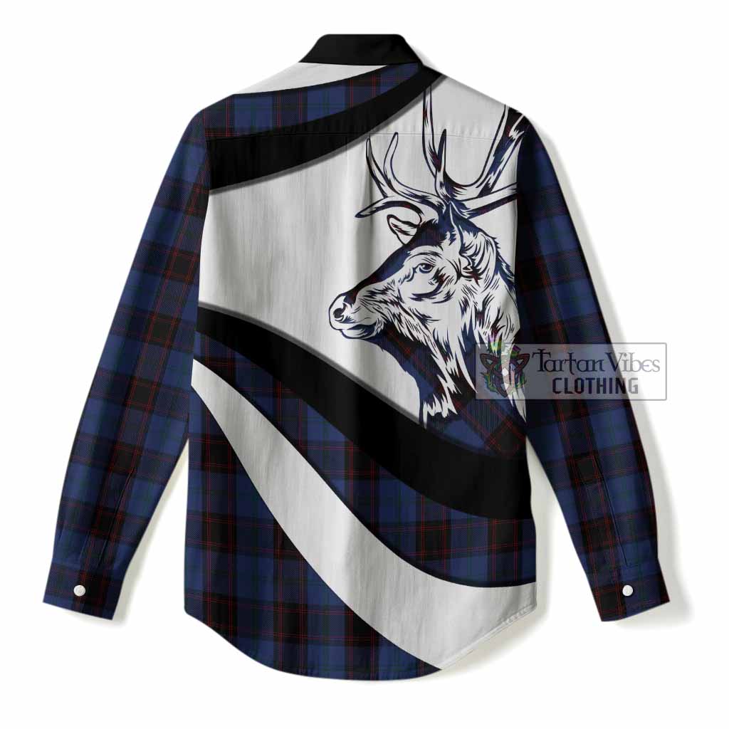 Home (Hume) Tartan Family Crest Women Casual Shirt Scottish Red Deer Curves Style