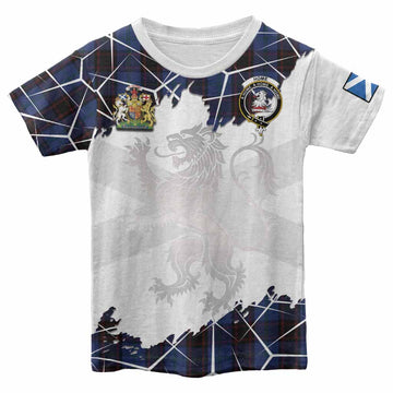 Home (Hume) Tartan Kid T-shirt with Family Crest and Lion Rampant Grunge Style