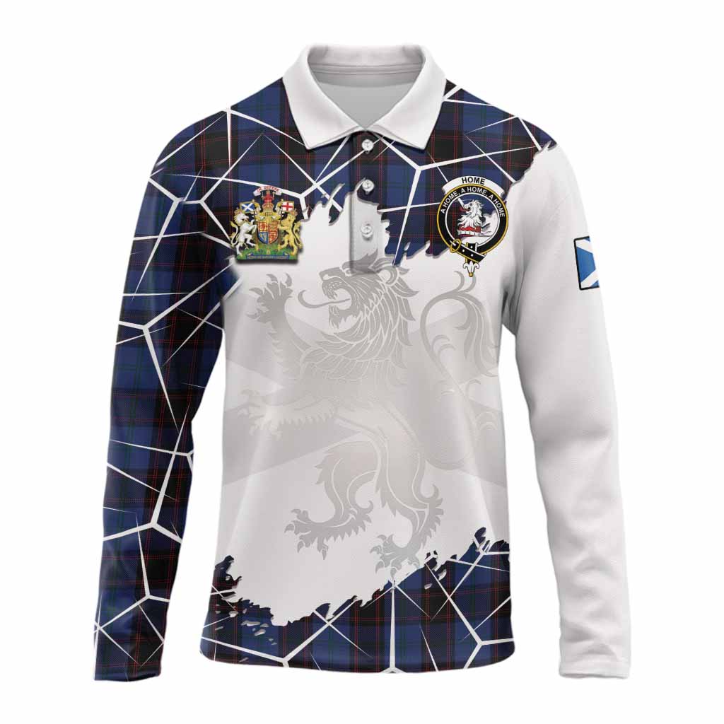 Home (Hume) Tartan Long Sleeve Polo Shirt with Family Crest and Lion Rampant Grunge Style