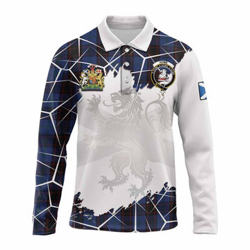 Home (Hume) Tartan Long Sleeve Polo Shirt with Family Crest and Lion Rampant Grunge Style