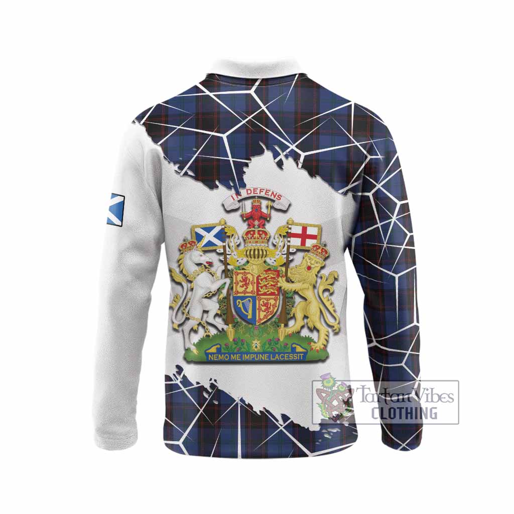 Home (Hume) Tartan Long Sleeve Polo Shirt with Family Crest and Lion Rampant Grunge Style