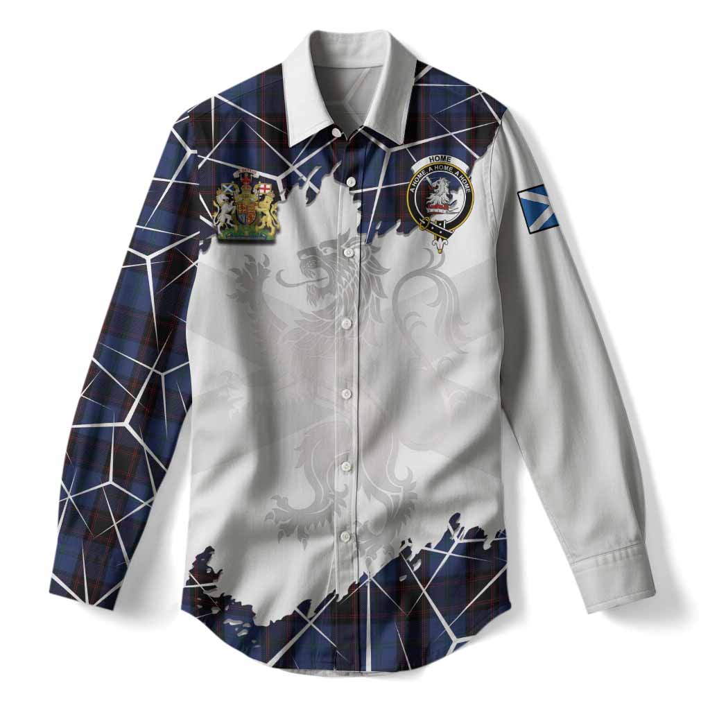 Home (Hume) Tartan Women Casual Shirt with Family Crest and Lion Rampant Grunge Style