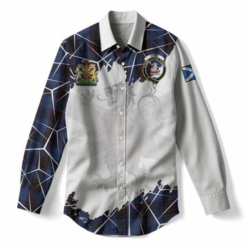 Home (Hume) Tartan Women Casual Shirt with Family Crest and Lion Rampant Grunge Style
