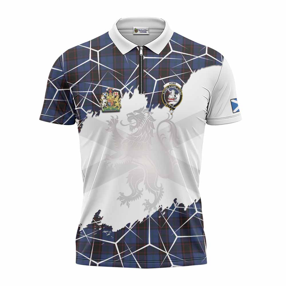 Home (Hume) Tartan Zipper Polo Shirt with Family Crest and Lion Rampant Grunge Style