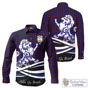 Home Modern Tartan Long Sleeve Button Up Shirt with Alba Gu Brath Regal Lion Emblem