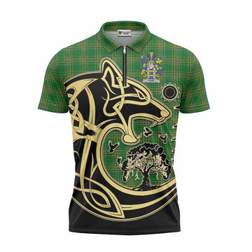 Hone Irish Tartan Zipper Polo Shirt with Coat of Arms Celtic Wolf Style Unisex - Tartan Vibes Clothing