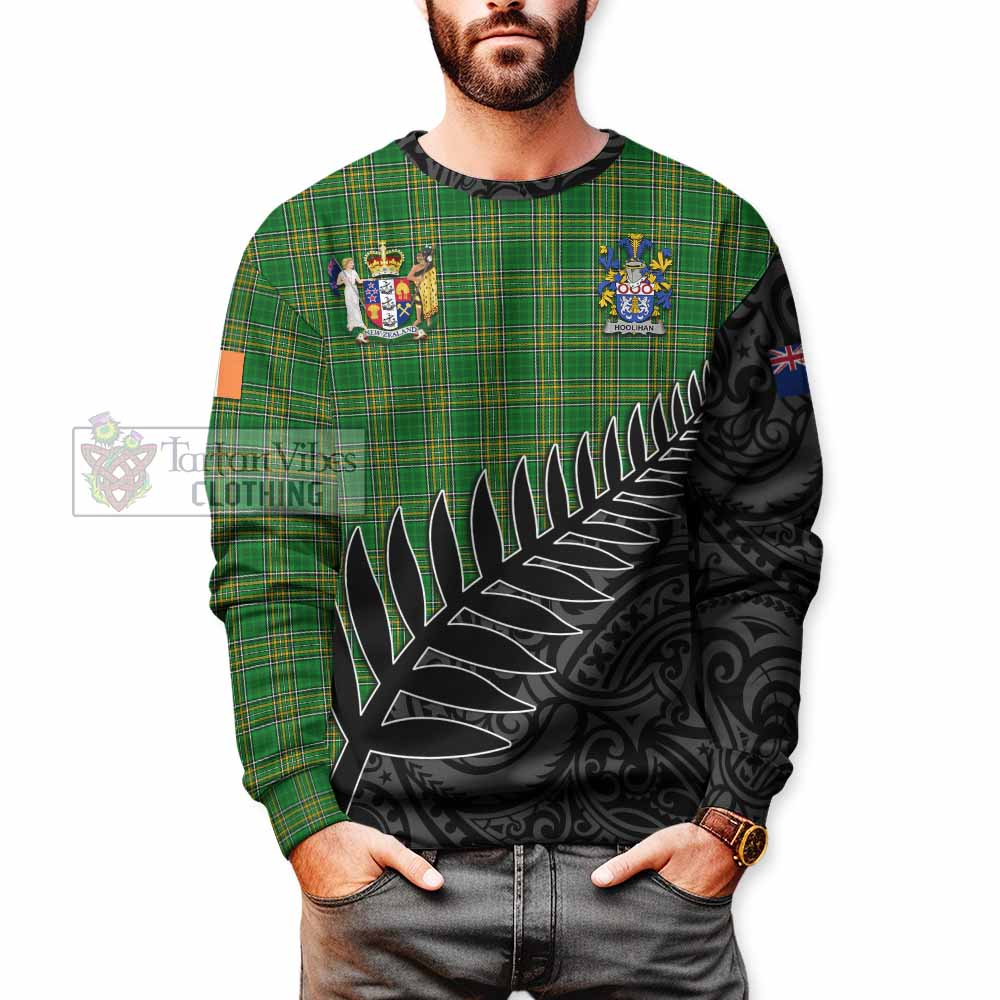 Tartan Vibes Clothing Hoolihan Irish Clan Tartan Sweatshirt with Coat of Arms New Zealand Silver Fern Half Style
