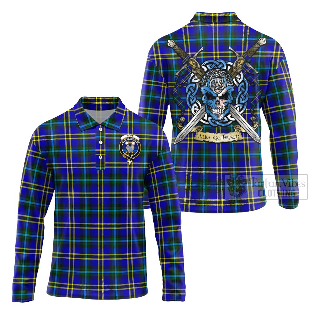 Tartan Vibes Clothing Hope Tartan Long Sleeve Polo Shirt with Family Crest Celtic Skull Style