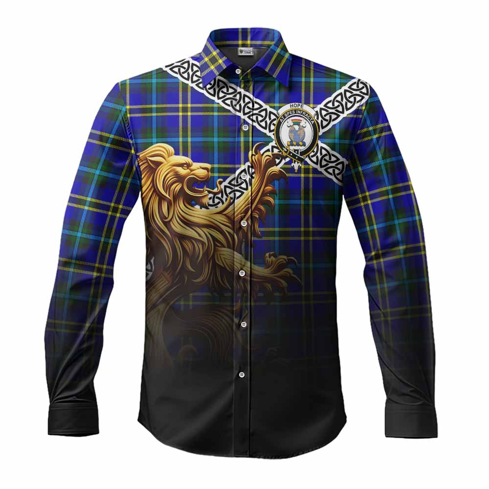 Tartan Vibes Clothing Hope Crest Tartan Long Sleeve Button Shirt with Golden Lion Emblem Celtic Style