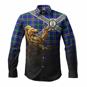 Hope Crest Tartan Long Sleeve Button Shirt with Golden Lion Emblem Celtic Style