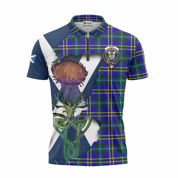 Hope Tartan Family Crest Zipper Polo Shirt Scottish Thistle Celtic Inspired