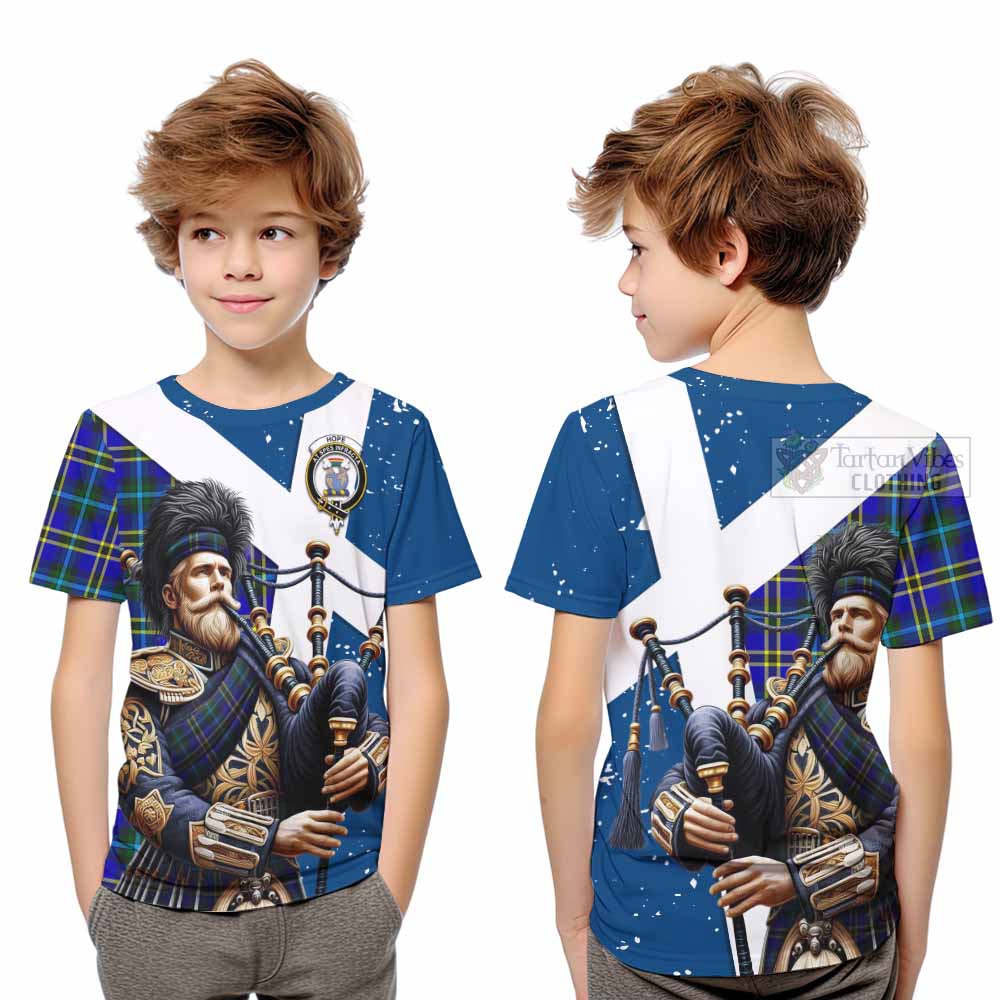 Tartan Vibes Clothing Hope Tartan Kid T-Shirt with Family Crest Scottish Bagpiper Vibes