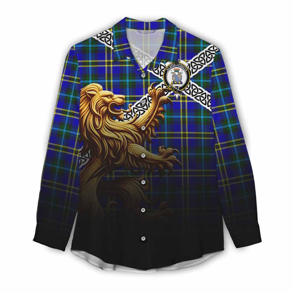 Tartan Vibes Clothing Hope Crest Tartan Women's Casual Shirt with Golden Lion Emblem Celtic Style