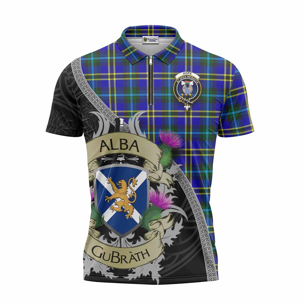 Tartan Vibes Clothing Hope Tartan Family Crest Zipper Polo Shirt Lion Rampant Royal Thistle Shield Celtic Inspired