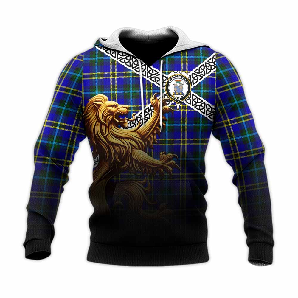 Tartan Vibes Clothing Hope Crest Tartan Knitted Hoodie with Golden Lion Emblem Celtic Style