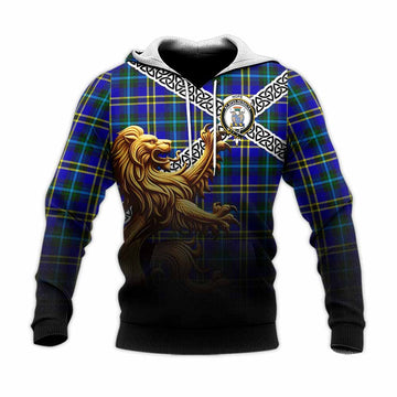 Hope Crest Tartan Knitted Hoodie with Golden Lion Emblem Celtic Style