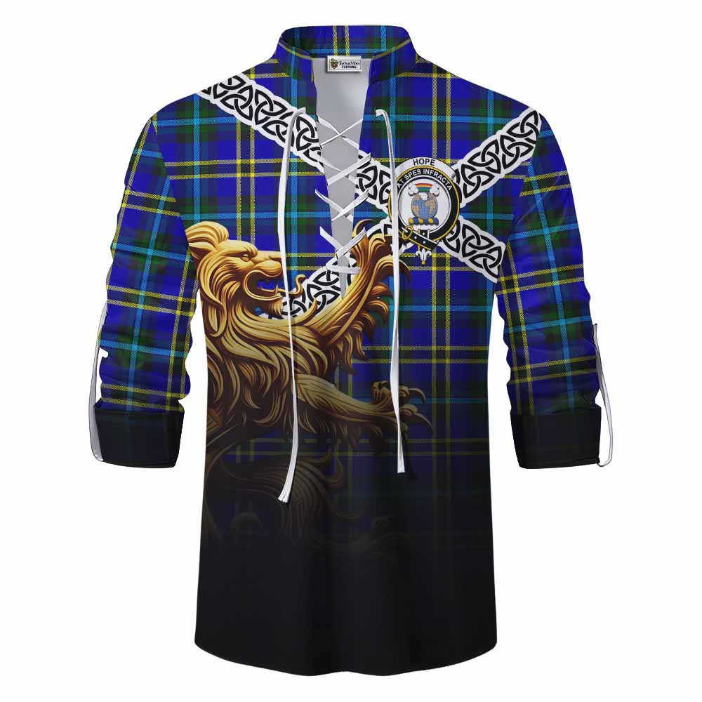 Tartan Vibes Clothing Hope Crest Tartan Ghillie Kilt Shirt with Golden Lion Emblem Celtic Style