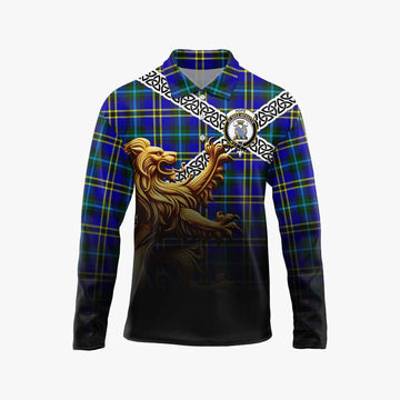 Tartan Vibes Clothing Hope Crest Tartan Long Sleeve Polo Shirt with Golden Lion Emblem Celtic Style
