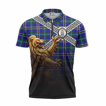 Hope Crest Tartan Zipper Polo Shirt with Golden Lion Emblem Celtic Style
