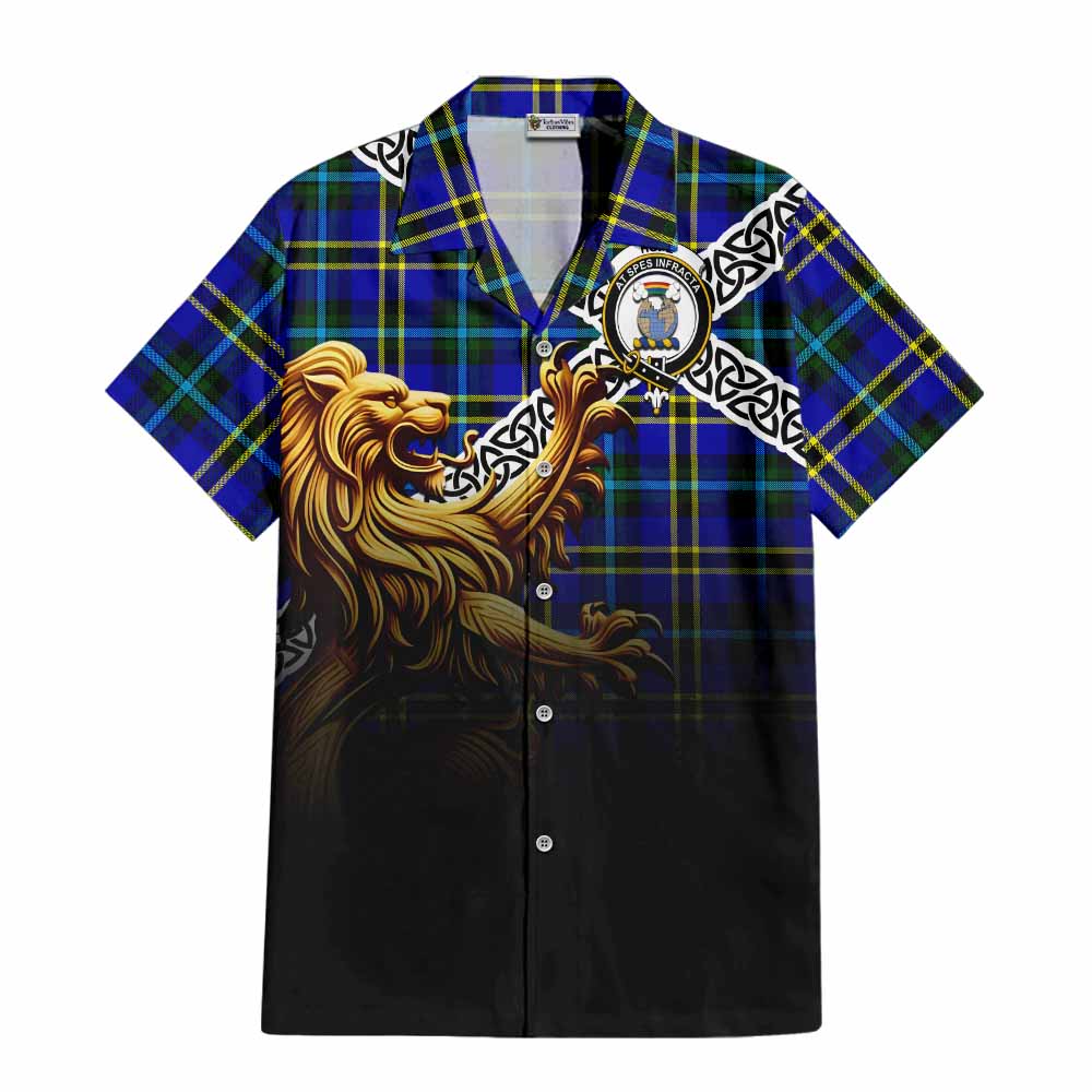 Tartan Vibes Clothing Hope Crest Tartan Short Sleeve Button Shirt with Golden Lion Emblem Celtic Style