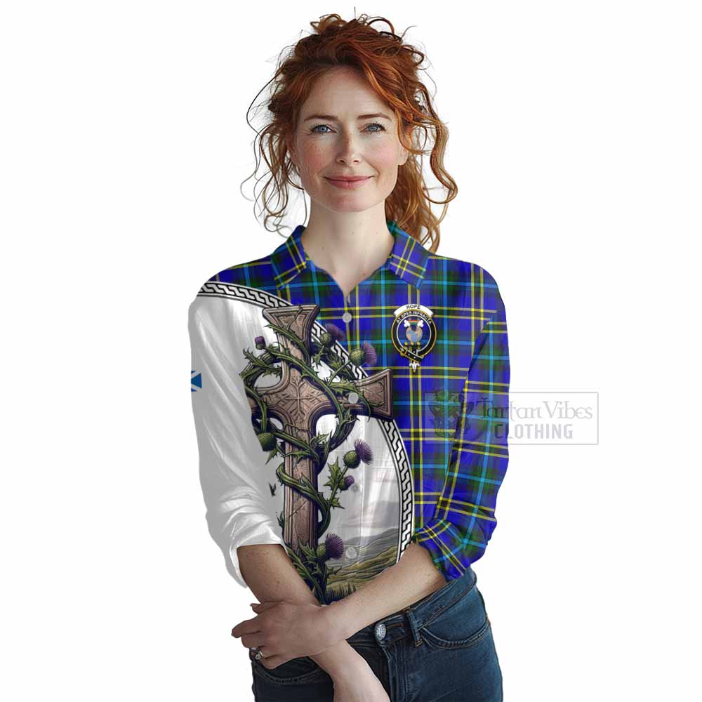 Tartan Vibes Clothing Hope Tartan Women's Casual Shirt with Family Crest and St. Andrew's Cross Accented by Thistle Vines