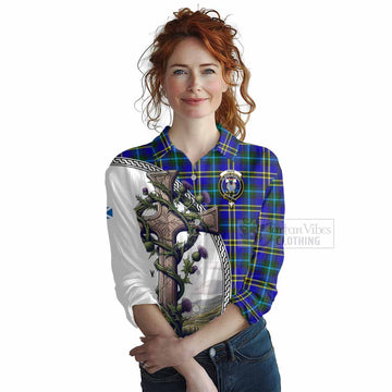 Tartan Vibes Clothing Hope Tartan Women's Casual Shirt with Family Crest and St. Andrew's Cross Accented by Thistle Vines