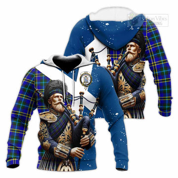 Hope Tartan Knitted Hoodie with Family Crest Scottish Bagpiper Vibes