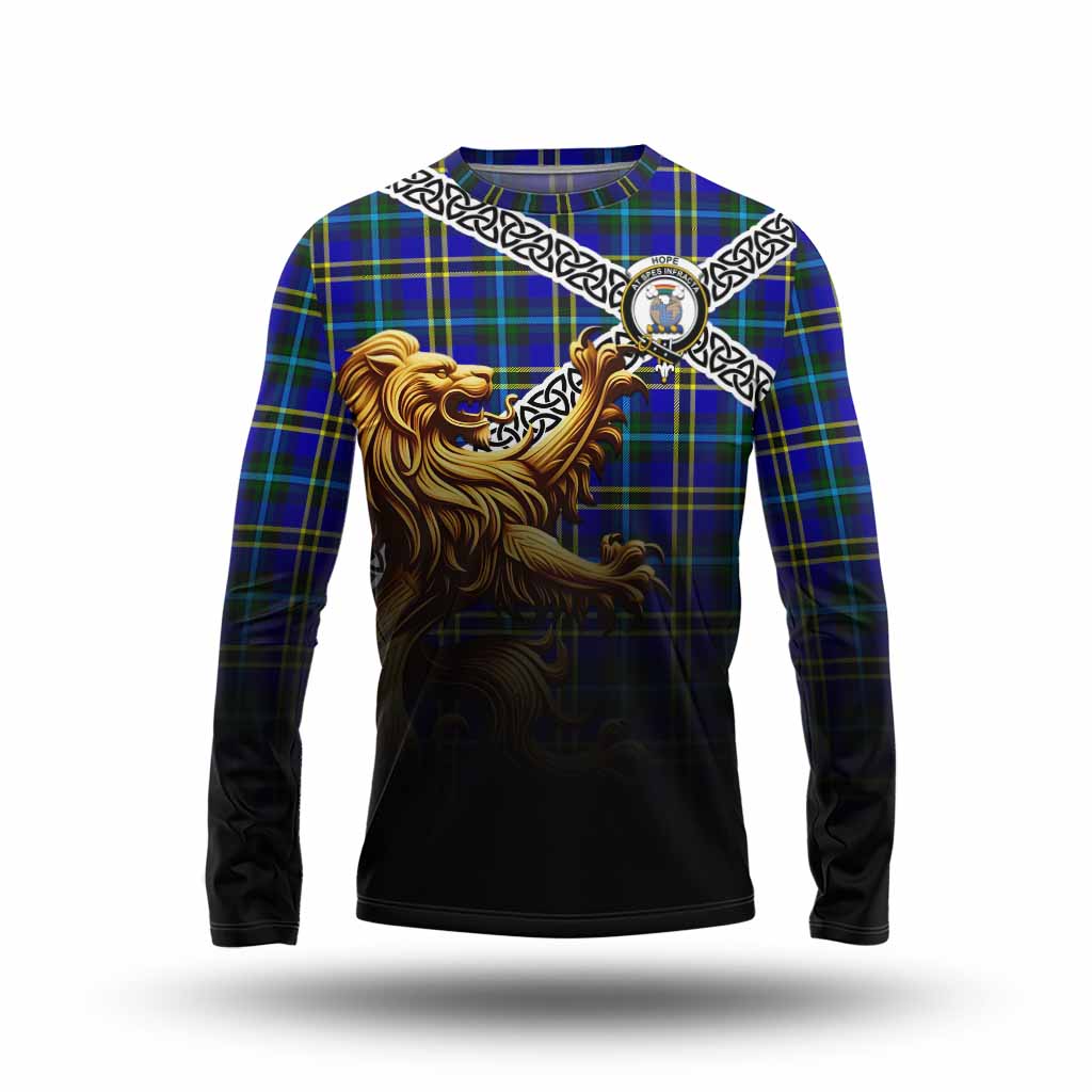 Tartan Vibes Clothing Hope Crest Tartan Long Sleeve T-Shirt with Golden Lion Emblem Celtic Style