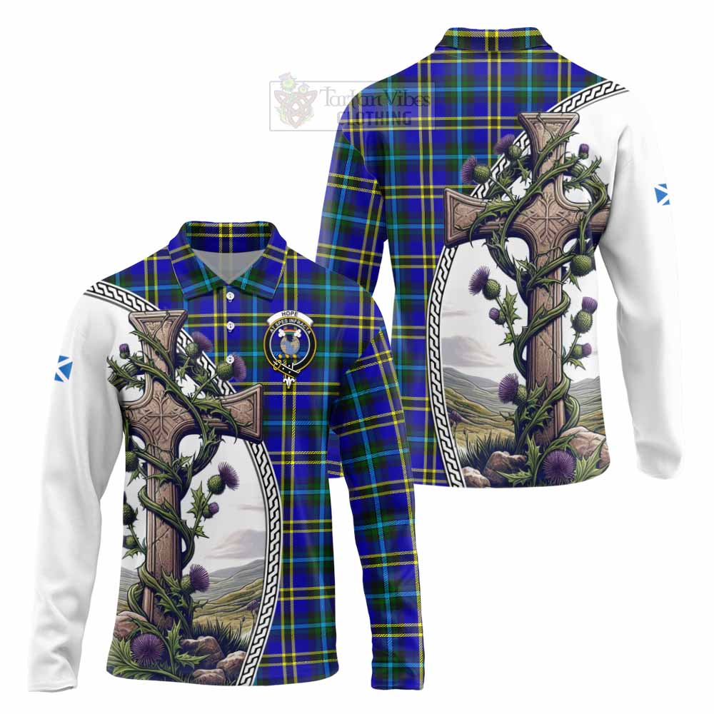 Tartan Vibes Clothing Hope Tartan Long Sleeve Polo Shirt with Family Crest and St. Andrew's Cross Accented by Thistle Vines