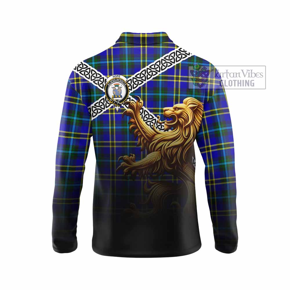 Tartan Vibes Clothing Hope Crest Tartan Long Sleeve Polo Shirt with Golden Lion Emblem Celtic Style