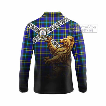 Tartan Vibes Clothing Hope Crest Tartan Long Sleeve Polo Shirt with Golden Lion Emblem Celtic Style