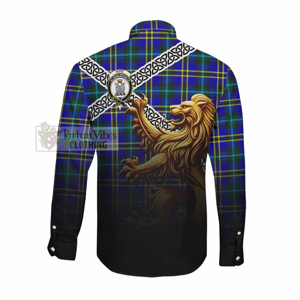 Tartan Vibes Clothing Hope Crest Tartan Long Sleeve Button Shirt with Golden Lion Emblem Celtic Style