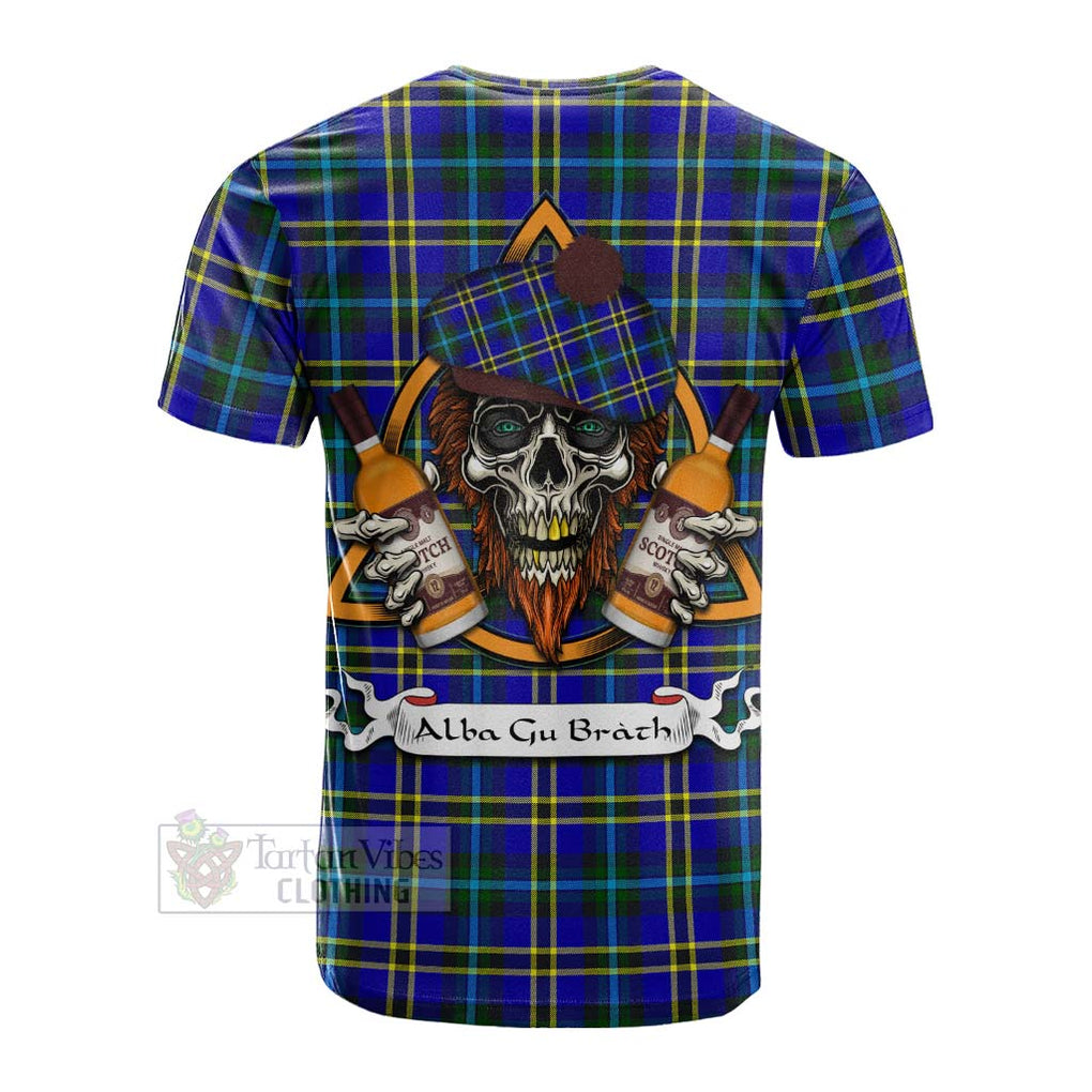 Tartan Vibes Clothing Hope Tartan Cotton T-shirt with Family Crest and Bearded Skull Holding Bottles of Whiskey