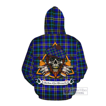 Tartan Vibes Clothing Hope Tartan Cotton Hoodie with Family Crest and Bearded Skull Holding Bottles of Whiskey
