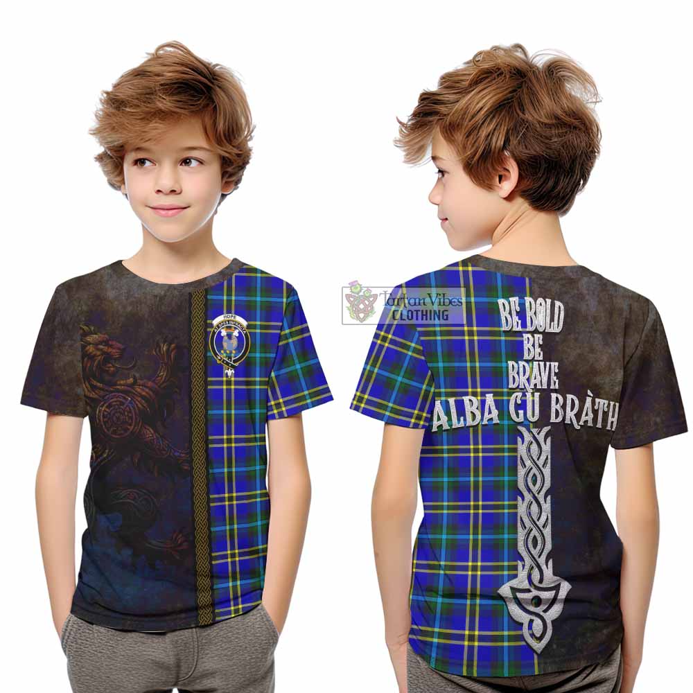 Tartan Vibes Clothing Hope Tartan Family Crest Kid T-Shirt Alba Gu Brath Be Brave Lion Ancient Style