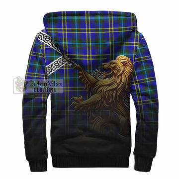 Hope Crest Tartan Sherpa Hoodie with Golden Lion Emblem Celtic Style