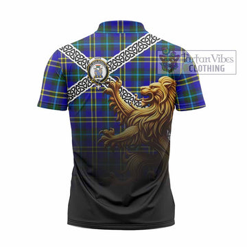 Hope Crest Tartan Zipper Polo Shirt with Golden Lion Emblem Celtic Style