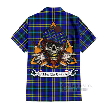 Tartan Vibes Clothing Hope Tartan Short Sleeve Button Shirt with Family Crest and Bearded Skull Holding Bottles of Whiskey